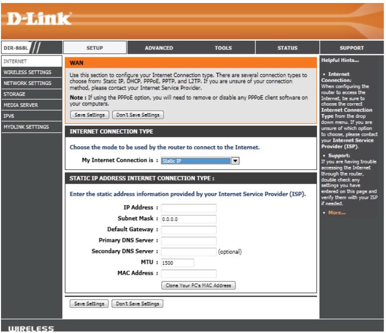 D-LINK DIR-868L DWA-182 - Configuration manuelle de connexion Internet IP statique - 1