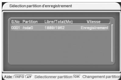 CGV PREMIO ST3 - Sous-menu "USB" "Gestion disque USB" "Sélection partition d'enregistrement - 1