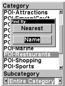 LOWRANCE IFINDER HUNT - Option de recherche en fonction de la proximité, à gauche, écran de traitement, au centre, liste des pois, à droite. - 1
