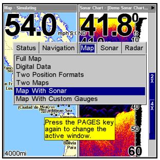 LOWRANCE LMS-525C DF - Pour redimensionner les fenêtres de la carte et du sondeur: - 1
