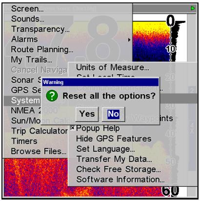 LOWRANCE LMS-525C DF - Réinitialisation des options - 2