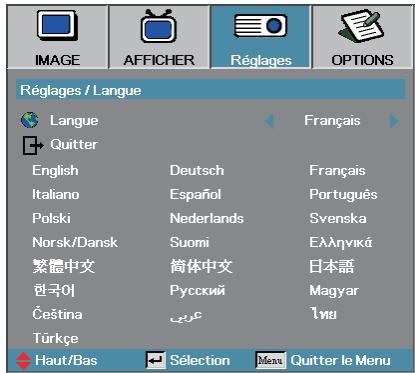 OPTOMA EW1691E,  EW330E,  EW605ST,  EW610ST,  EW675UTIS,  EW695UT,  EW762 - Réglages/Langue - 1