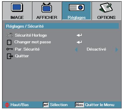OPTOMA EW1691E,  EW330E,  EW605ST,  EW610ST,  EW675UTIS,  EW695UT,  EW762 - Réglages | Sécurité - 1