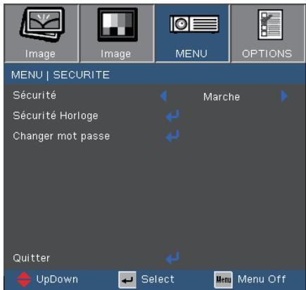 OPTOMA EX330E,  EX565UT,  EX605ST,  EX610ST,  EX615,  EX665UT,  EX665UTIS,  EX7155E - Menu | Securite - 1