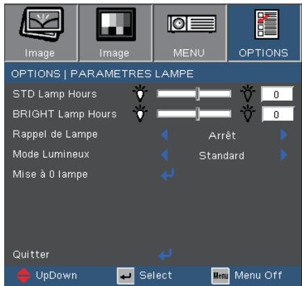 OPTOMA EX330E,  EX565UT,  EX605ST,  EX610ST,  EX615,  EX665UT,  EX665UTIS,  EX7155E - Options | Parametres Lampe - 1