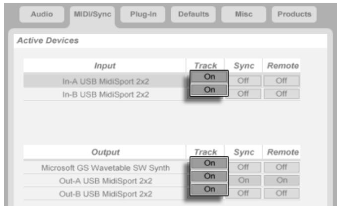 M-AUDIO ABLETON LIVE 5 - La liste de périphériques MIDI actifs des Préférences - 1
