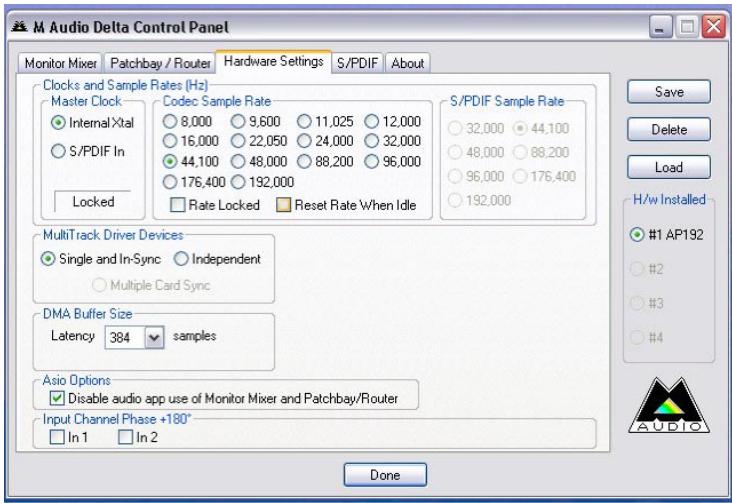 M-AUDIO AUDIOPHILE 192 - Hardware Settings Page - 1