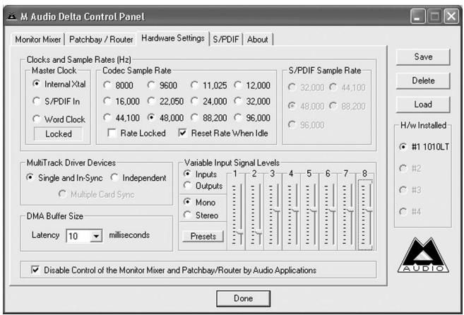 M-AUDIO DELTA 1010LT - Fenêtre Hardware Settings - 1