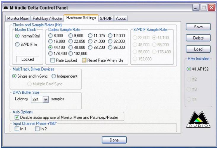 M-AUDIO DELTA AUDIOPHILE 192 - Onglet Hardware Settings - 1