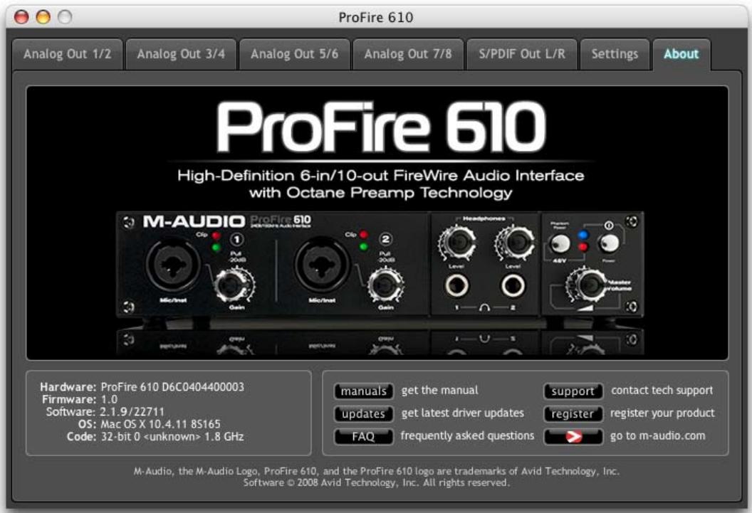 M-AUDIO PROFIRE 610 - Onglet about (à propos) - 1