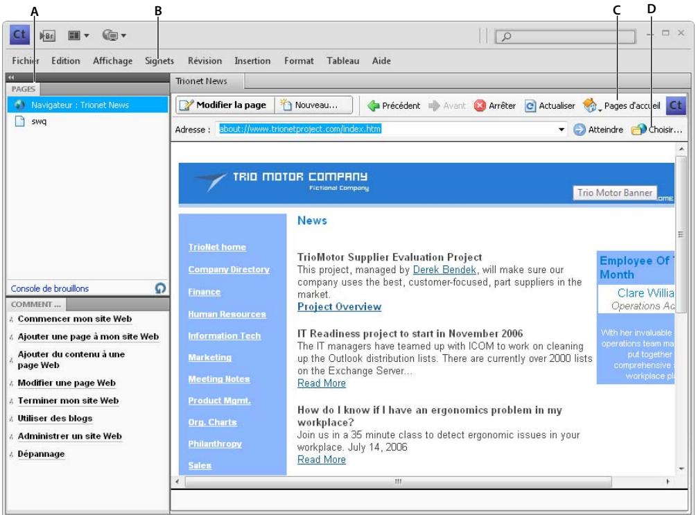 ADOBE CONTRIBUTE CS4 - Ouverture des pages Web et des entrées de blog sans passer par le mode navigation - 1