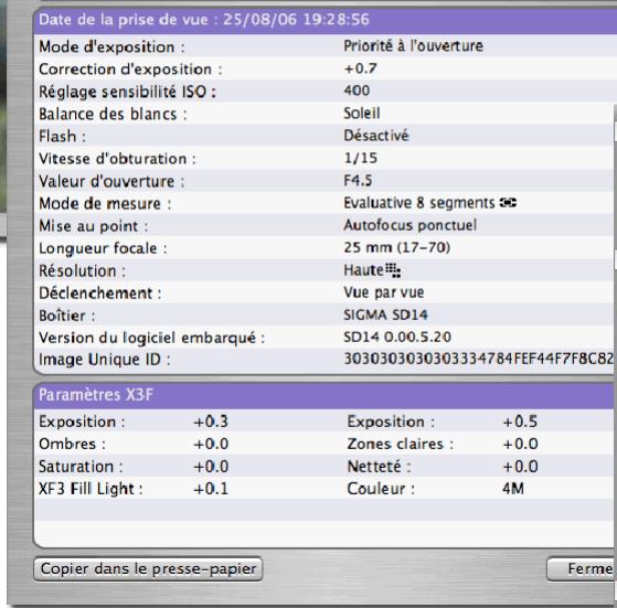 SIGMA PHOTO PRO - Fenêtre d'information - 1