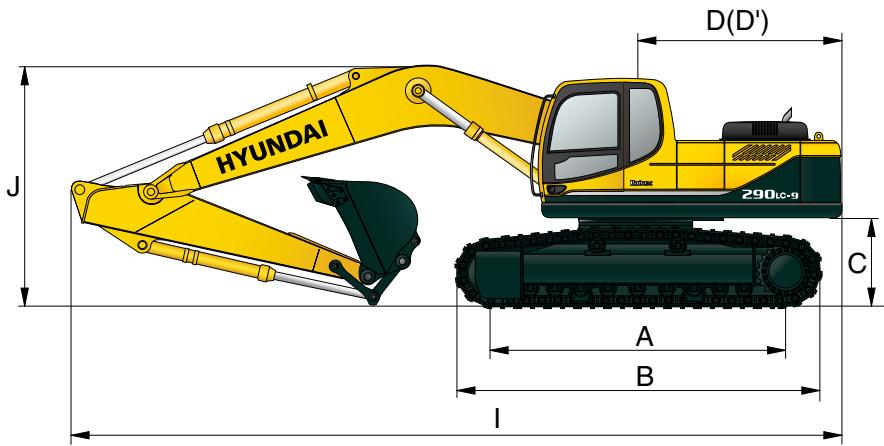 HYUNDAI R290LC-9 - Dimensions et rayons d'action - 1