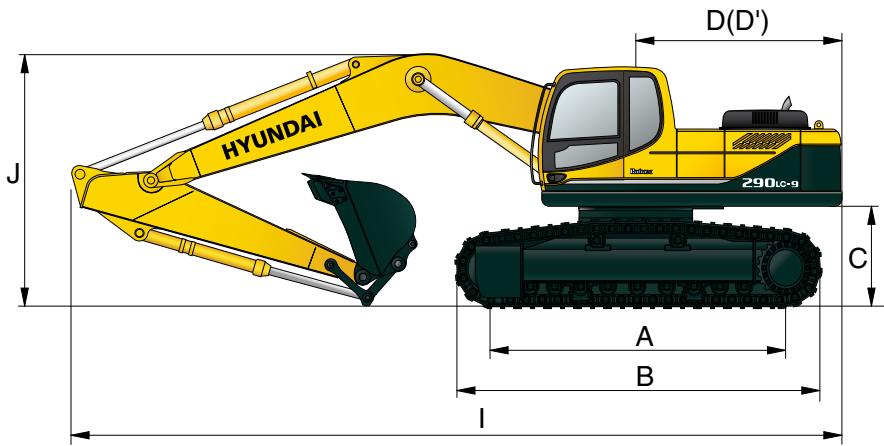 HYUNDAI R290LC-9 - Dimensions et rayons d'action - 1