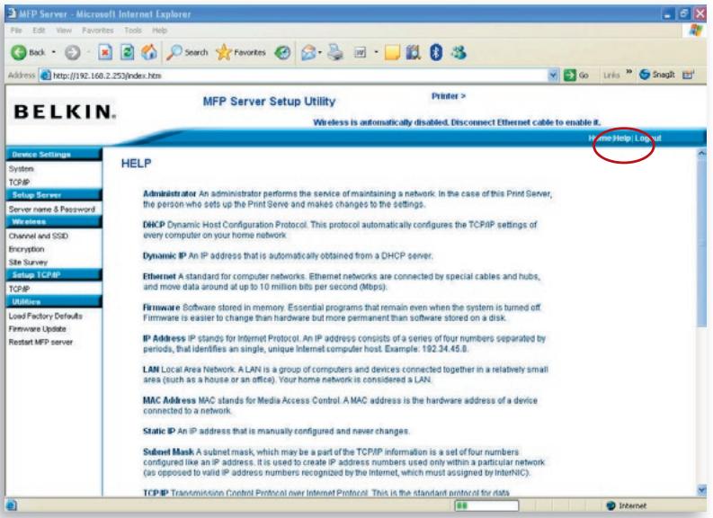 BELKIN SERVEUR D'IMPRESSION TOUT-EN-UN SANS FIL G #F1UP0002FR - Accueil|Aide|Déconnexion - 2
