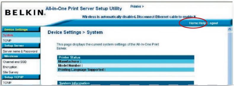 BELKIN SERVEUR D'IMPRESSION TOUT-EN-UN SANS FIL G #F1UP0002FR - Accueil|Aide|Déconnexion - 1
