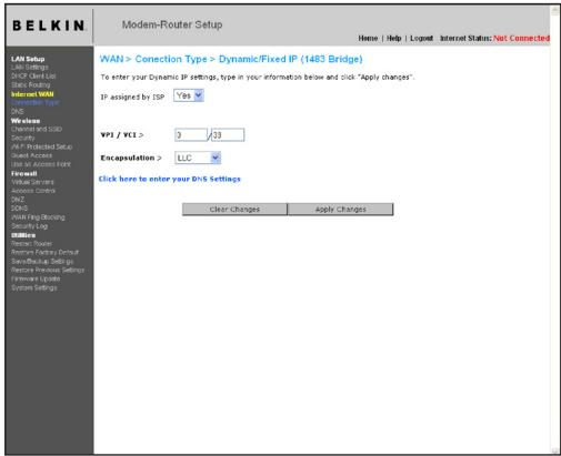 BELKIN MODEM ROUTEUR SANS FIL N F5D8635ED4A - Configuration de votre type de connexion avec IP dynamique/fixe (1483 bridged) - 1