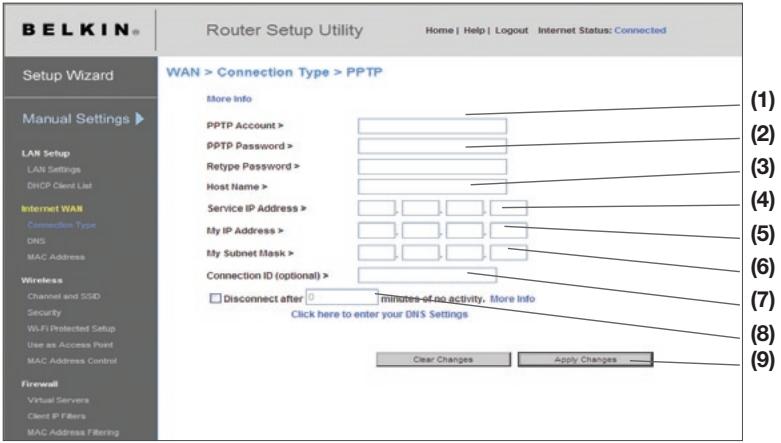 BELKIN N1 VISION - Establecimiento del tipo de connexion de su proveedor de servicios de Internet (ISP) como PPTP (Point-to-Point Tunneling Protocol, Protocolo de túnel punto a punto) - 1