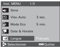Inst. MENU 1/3 Sons Visu.Auto 3 sec. Mode Eco 5 min. Date & Horaire Langue Français Selectionner Quitter