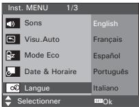 Inst. MENU 1/3 Sons English Visu.Auto Français Mode Eco Español Date & Horaire Português Langue Italiano Selectionner Ok
