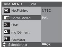 Inst. MENU 2/3 No.Fichier. Sortie Vidéo USB mg Démarr. Formater Selectionner NTSC PAL Ok