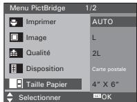 Menu PictBridge 1/2 Imprimer AUTO Image L Qualité 2L Disposition Carte postale Taille Papier 4" X 6" Selectionner OK