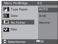Menu PictBridge 2/2 Type Papier AUTO Date Arrêt No.Fichier Marche Réin Selectionner OK