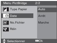 Menu PictBridge 2/2 Type Papier Auto Date Arrêt No.Fichier Marche Réin Selectionner Ok