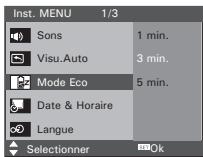 Inst. MENU 1/3 Sons 1 min. Visu.Auto 3 min. Mode Eco 5 min. Date & Horaire Langue Selectionner Ok