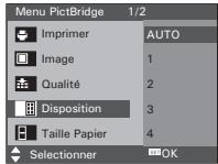 Menu PictBridge 1/2 Imprimer AUTO Image 1 Qualité 2 Disposition 3 Taille Papier 4 Selectionner OK