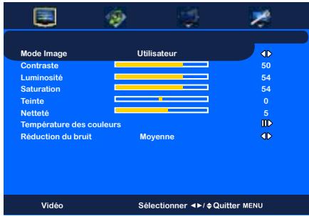 Mode Image Contraste Luminosité Saturation Teinte Netteté Température des couleurs Réduction du bruit Moyenne Utilisateur 50 54 54 0 5 Video Sélectionner ←/↓ Quitter MENU