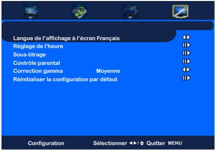 Langue de l'affichage à l'écran Français Réglage de l'heure Sous-titrage Contrôle parental Correction gamma Moyenne Réinitialiser la configuration par défaut Configuration Sélectionner / Quitter MENU