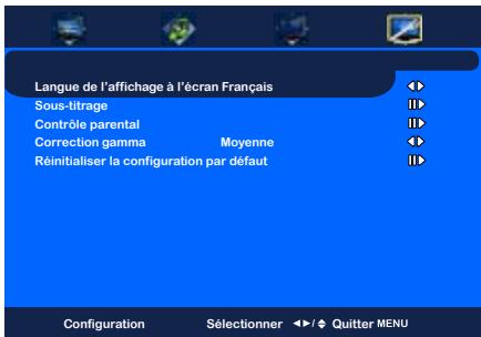 Langue de l'affichage à l'écran Français Sous-titrage Contrôle parental Correction gamma Moyenne Réinitialiser la configuration par défaut Configuration Sélectionner Quitter MENU