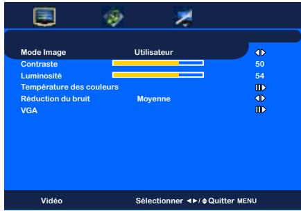 Mode Image Utilisateur Contraste 50 Luminosité 54 Température des couleurs Réduction du bruit Moyenne VGA Video Sélectionner ←/↓ Quitter MENU