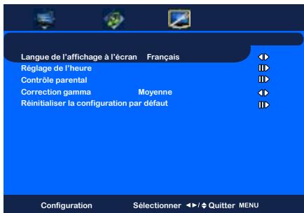 Langue de l'affichage à l'écran Français Réglage de l'heure Contrôle parental Correction gamma Moyenne Réinitialiser la configuration par défaut Configuration Sélectionner ▶/□ Quitter MENU