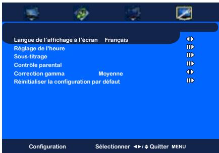 Langue de l'affichage à l'écran Français Réglage de l'heure Sous-titrage Contrôle parental Correction gamma Moyenne Réinitialiser la configuration par défaut Configuration Sélectionner / Quitter MENU