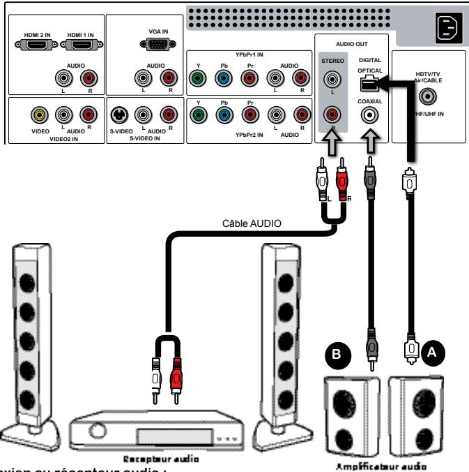 HDMI 2 IN HDMI 1 IN AUDIO L R VGA IN AUDIO L R Y Pb Pr AUDIO L R VIDEO L AUDIO R S-VIDEO L AUDIO R S-VIDEO IN AUDIO Y Pb Pr AUDIO L R AUDIO OUT STEREO L DIGITAL OPTICAL COXMIAL HDTV/TV Air/CABLE HF/UHF IN Câble AUDIO B A Excepbur audio Amplificateur audio