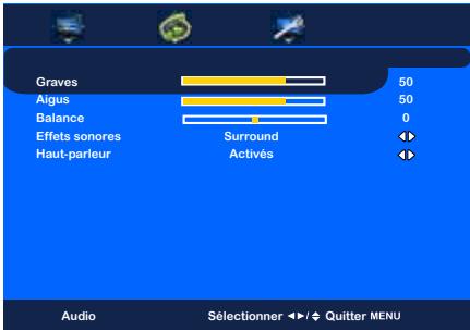 Graves Aigus Balance Effets sonores Haut-parleur Surround Activés 50 50 0 Audio Sélectionner ↕/↓ Quitter MENU