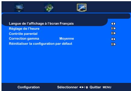 Langue de l'affichage à l'écran Français Réglage de l'heure Contrôle parental Correction gamma Moyenne Réinitialiser la configuration par défaut Configuration Sélectionner ◀/◇ Quitter MENU