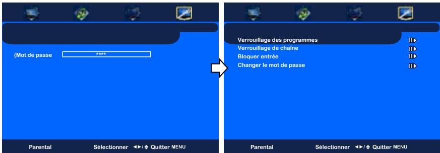 (Mot de passe **** Parental Sélectionner ↕/♦ Quitter MENU Verrouillage des programmes Verrouillage de chaîne Bloquer entrée Changer le mot de passe Parental Sélectionner ↕/♦ Quitter MENU