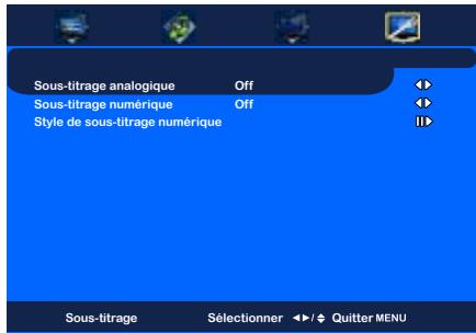 Sous-titrage analogique Off Sous-titrage numérique Off Style de sous-titrage numérique Sous-titrage Sélectionner Quitter MENU