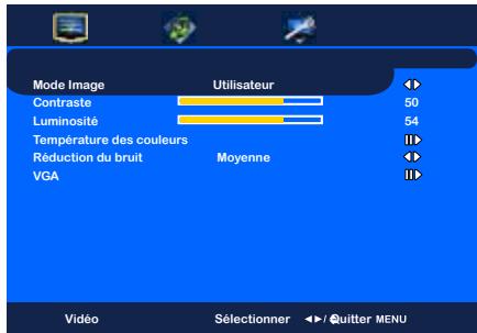 Mode Image Utilisateur Contraste 50 Luminosité 54 Température des couleurs II> Réduction du bruit Moyenne VGA II> Vidéo Sélectionner / Quitter MENU