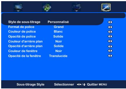 Style de sous-titrage Format de police Couleur de police Opacité de police Couleur d'arrière plan Opacité d'arrière plan Couleur de fenêtre Opacité de la fenêtre Personnalisé Grand Blanc Solide Noir Solide Noir Translucide Sous-titrage Style Sélectionner Quitter MENU