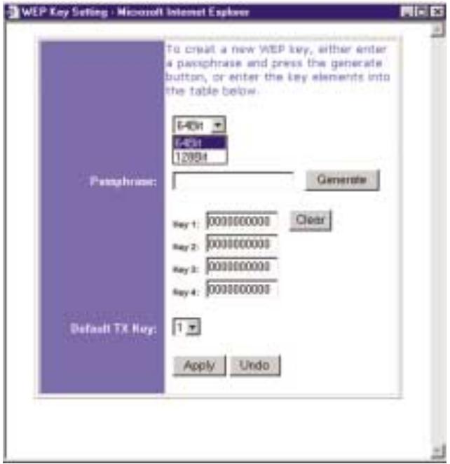 WEP Key Setting - Microsoft Internet Explorer To create a new WEP key, either enter a paraphrase and press the generate button, or enter the key elements into the table below. E-40N E-20N 12004 Pamphruse: Generate May 1: 000000000 Clear May 2: 000000000 May 3: 000000000 May 4: 000000000 Default TX Key: 1 Apply Undo