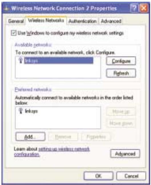 Wireless Network Connection 7 Properties General Wireless Networks Authentication Advanced Use Windows to configure my wireless network settings Available networks: To connect to an available network, click Configure. Linksys Configure Refresh Allowed networks: Automatically connect to available networks in the order listed below. Linksys Move up Move down Add... Remove Properties Learn about setting up wireless network configuration Advanced OK Cancel