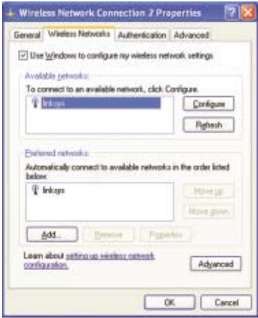 Wireless Network Connection 2 Properties General Wireless Networks Authentication Advanced Use Windows to configure my wireless network settings Available networks: To connect to an available network, click Configure. Linksys Configure Refresh Delivered networks: Automatically connect to available networks in the order listed below. Linksys Move up Have given Add... Remove Figures Learn about setting up wireless network configuration. Advanced OK Cancel