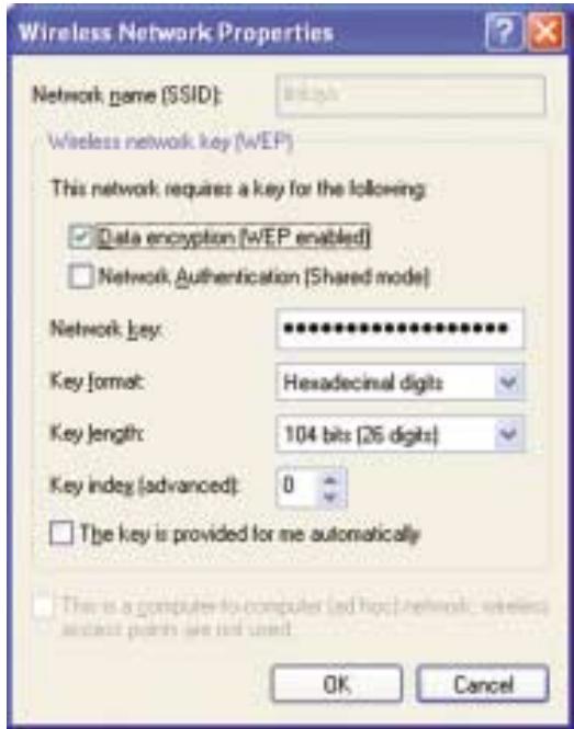 Wireless Network Properties Network name (SSID): WEP Wireless network key (WEP) This network requires a key for the following: ✓ Data encryption [WEP enabled] □ Network Authentication (Shared mode) Network key: ************ Key format: Hexadecimal digits Key length: 104 bits (26 digits) Key index (advanced): 0 □ The key is provided for me automatically This is a computer to compute (ad hoc) network, wireless connect points are not used OK Cancel