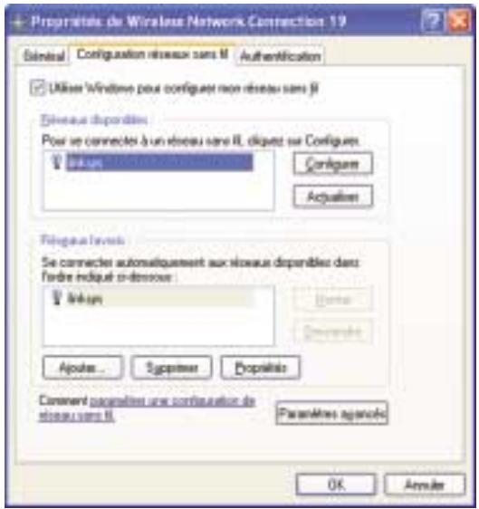 Propriétels de Wireless Network Connection 19 General Configuration réseau sans M Authentication Utiliser Windows pour configuer non réseau sans M Réseau disponibles Pour se connecter à un réseau sans M, diquet sur Configues. Linkus Configure Actualise Relégue la norme Se connecter automatiquement aux risouaux disponibles dans l'ordre indiqué ci-dessous : Linkus Centre Commens Ajustes... S photograph Propriétels Comment parameters une configuration de réseau sans M. Paramètres apiersés OK Annular