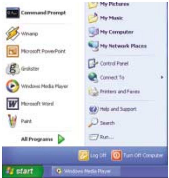 Command Prompt Winamp Microsoft PowerPoint Griskter Windows Media Player Microsoft Word Paint All Programs My Pictures My Music My Computer My Network Places Control Panel Connect To Printers and Fans Help and Support Search Run... Log Off Turn Off Computer start Windows Media Player