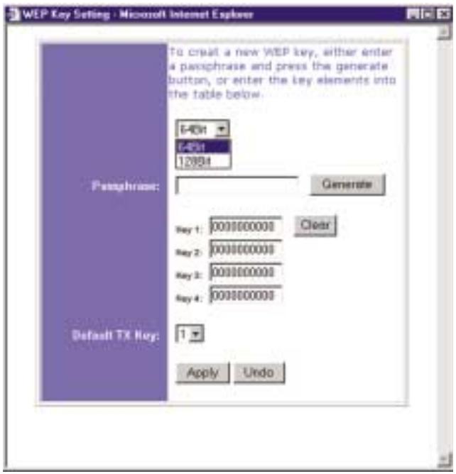 WEP Key Setting - Microsoft Internet Explorer To create a new WEP key, either enter a paraphrase and press the generate button, or enter the key elements into the table below. 6-40in 6-20in 12004 Pamphrime: Generate Key 1: 000000000 Clear Key 2: 000000000 Key 3: 000000000 Key 4: 000000000 Default TX Key: 1 Apply Undo